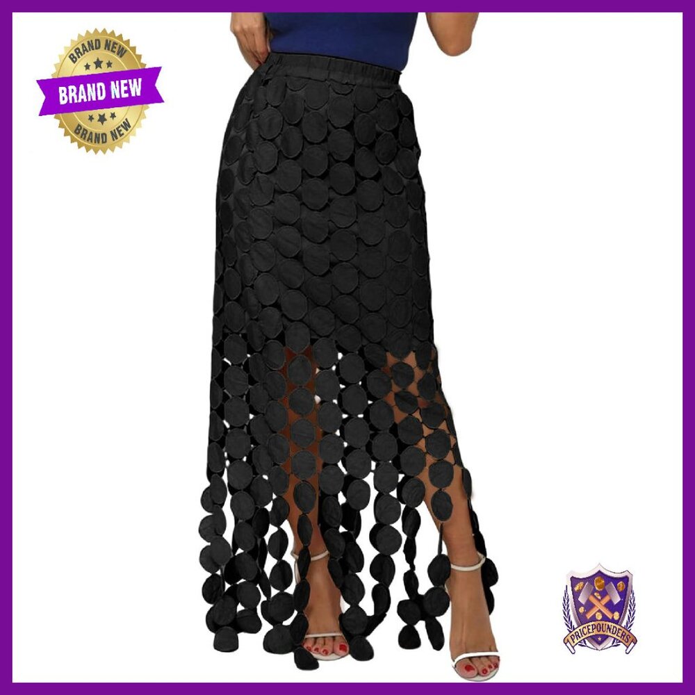 Maxi Skirt With Hollow Out Fringe Hem High Waisted Lace Long Summer
